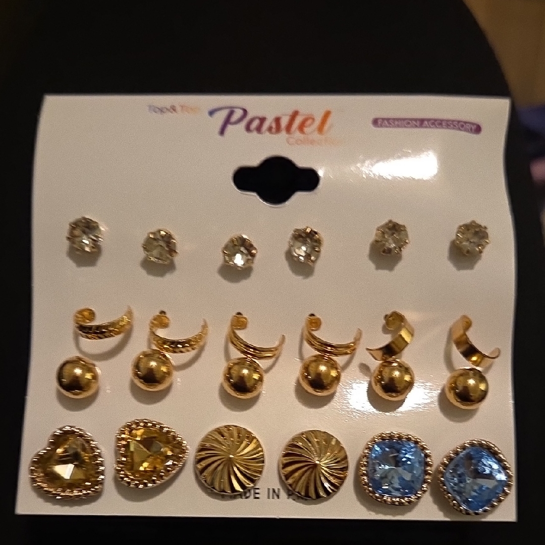 Pastels Gold Tone Stud Earring Set With Clear And Blue Accents